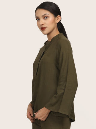 Olive Bell Sleeve Split V Neck Tunic Saltpetre Olive