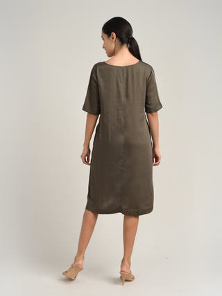 Tencel Olive V-Neck A-Line Dress