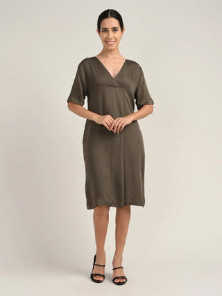 Tencel Olive V-Neck A-Line Dress