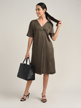 Tencel Olive V-Neck A-Line Dress