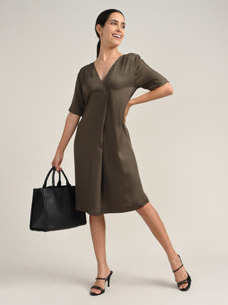 Tencel Olive V-Neck A-Line Dress