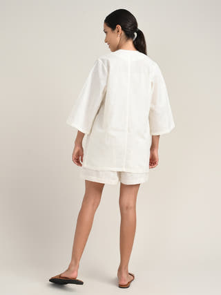 Linen Beige Slip Top With Cream Shrug And Tencel Short Co-Ord Set