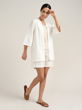 Linen Beige Slip Top With Cream Shrug And Tencel Short Co-Ord Set