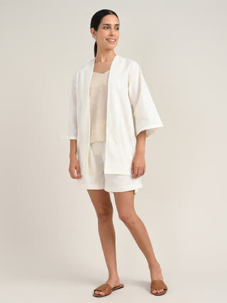 Linen Beige Slip Top With Cream Shrug And Tencel Short Co-Ord Set