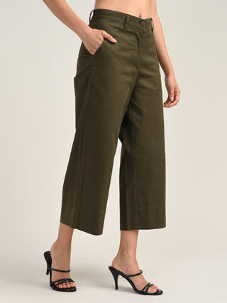 Olive Wide-Leg Cropped Chinos
