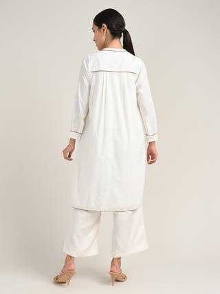 Organic Cotton Cream Long Shirt With Pant Co-Ord Set