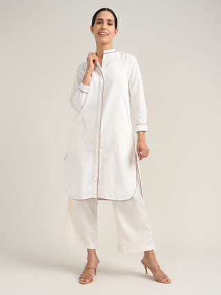 Organic Cotton Cream Long Shirt With Pant Co-Ord Set