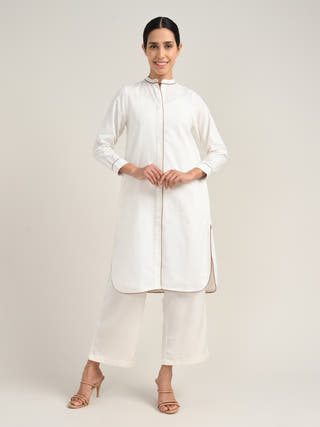 Organic Cotton Cream Long Shirt With Pant Co-Ord Set