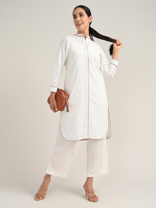 Organic Cotton Cream Long Shirt With Pant Co-Ord Set