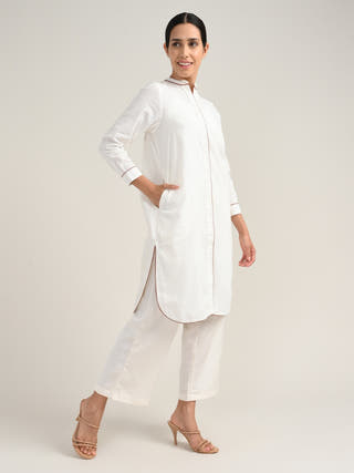 Organic Cotton Cream Long Shirt With Pant Co-Ord Set