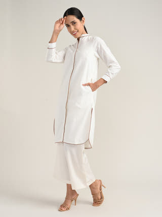 Organic Cotton Cream Long Shirt With Pant Co-Ord Set