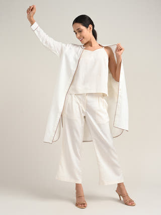 Organic Cotton Cream Overlay With Tencel Slip Top And Pant Co-Ord Set