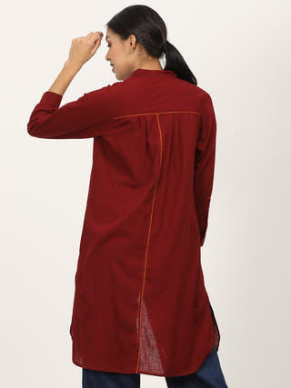 Maroon Mandarin Collar Long Shirt Saltpetre Maroon