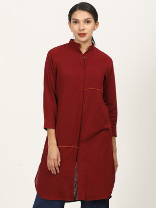 Maroon Mandarin Collar Long Shirt Saltpetre Maroon