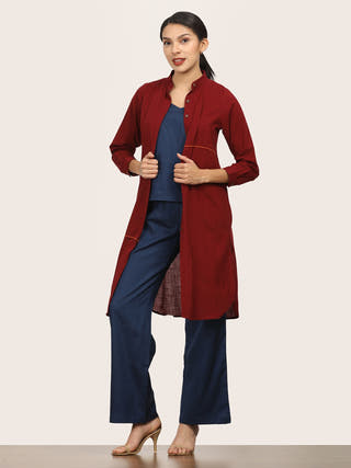 Maroon Mandarin Collar Long Shirt Saltpetre Maroon