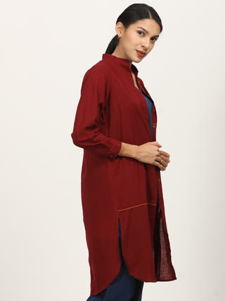 Maroon Mandarin Collar Long Shirt Saltpetre Maroon