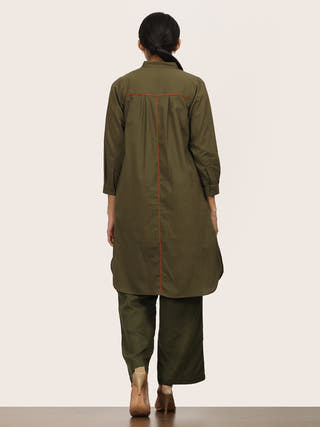 Olive Mandarin Collar Long Shirt