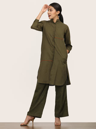 Olive Mandarin Collar Long Shirt