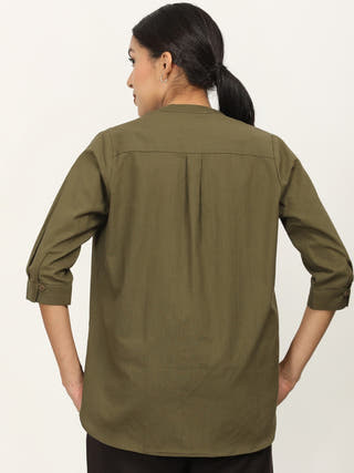 Olive Mandarin Collar Button Down Shirt Saltpetre Olive
