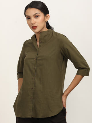 Olive Mandarin Collar Button Down Shirt Saltpetre Olive