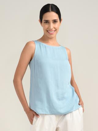 Blue Tencel Boat Neck Top