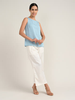 Blue Tencel Boat Neck Top