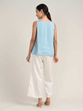 Tencel Blue Boat Neck Top With Cream Pants Co-Ord Set