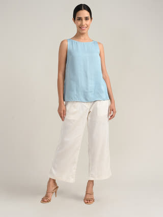 Tencel Blue Boat Neck Top With Cream Pants Co-Ord Set