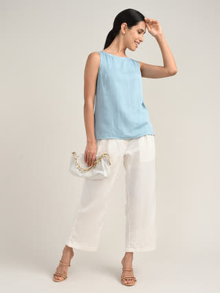 Tencel Blue Boat Neck Top With Cream Pants Co-Ord Set