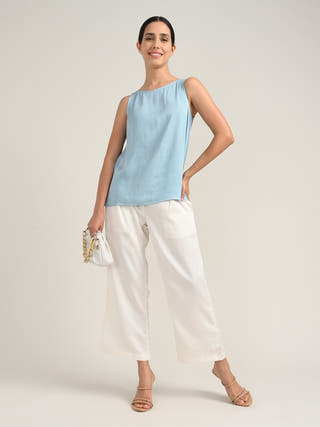 Tencel Blue Boat Neck Top With Cream Pants Co-Ord Set