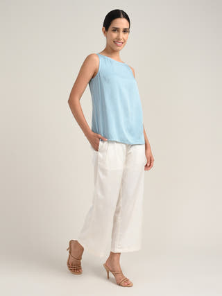 Tencel Blue Boat Neck Top With Cream Pants Co-Ord Set