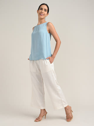 Tencel Blue Boat Neck Top With Cream Pants Co-Ord Set