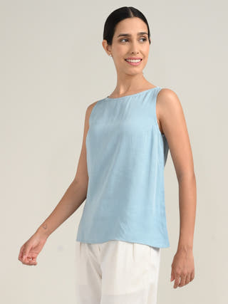 Blue Tencel Boat Neck Top