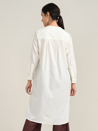 Cream Organic Cotton Mandarin Neck Pleated Tunic
