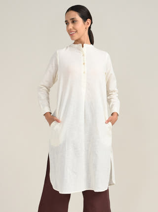 Cream Organic Cotton Mandarin Neck Pleated Tunic