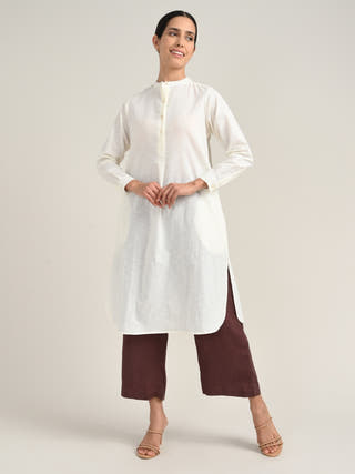 Cream Organic Cotton Mandarin Neck Pleated Tunic