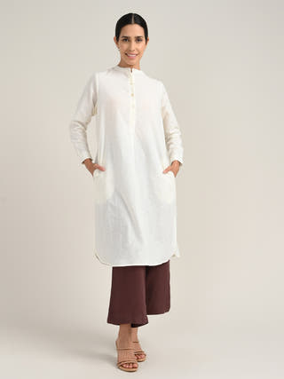 Organic Cotton Cream Pleated Tunic With Tencel Brown Pants Co-Ord Set