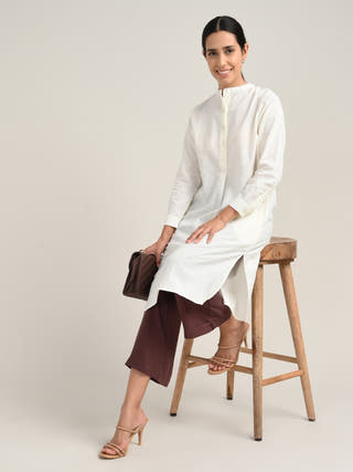 Organic Cotton Cream Pleated Tunic With Tencel Brown Pants Co-Ord Set