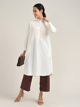 Organic Cotton Cream Pleated Tunic With Tencel Brown Pants Co-Ord Set