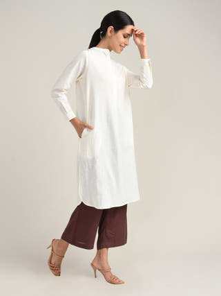 Organic Cotton Cream Pleated Tunic With Tencel Brown Pants Co-Ord Set