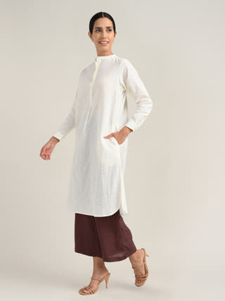 Organic Cotton Cream Pleated Tunic With Tencel Brown Pants Co-Ord Set