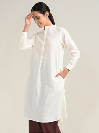 Cream Organic Cotton Mandarin Neck Pleated Tunic