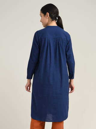 Navy Organic Cotton Mandarin Neck Pleated Tunic