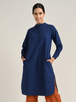 Navy Organic Cotton Mandarin Neck Pleated Tunic