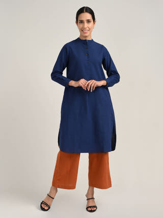 Navy Organic Cotton Mandarin Neck Pleated Tunic