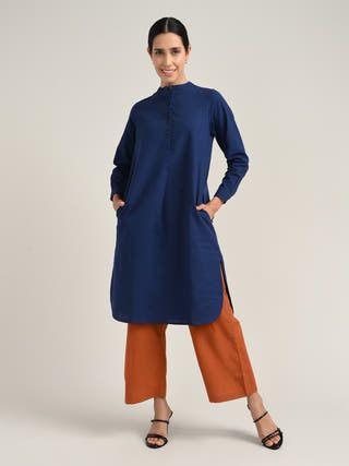 Organic Cotton Navy Pleated Tunic With Tencel Orange Pants Co-Ord Set