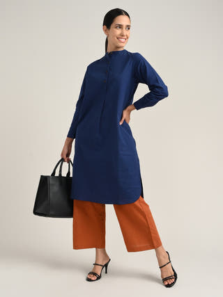 Organic Cotton Navy Pleated Tunic With Tencel Orange Pants Co-Ord Set