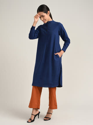 Organic Cotton Navy Pleated Tunic With Tencel Orange Pants Co-Ord Set