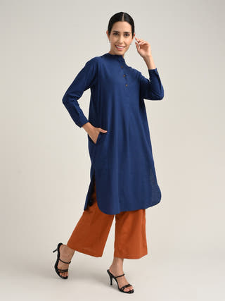 Organic Cotton Navy Pleated Tunic With Tencel Orange Pants Co-Ord Set