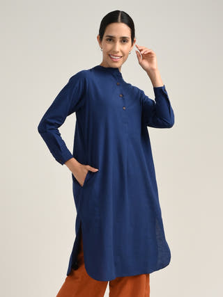 Navy Organic Cotton Mandarin Neck Pleated Tunic